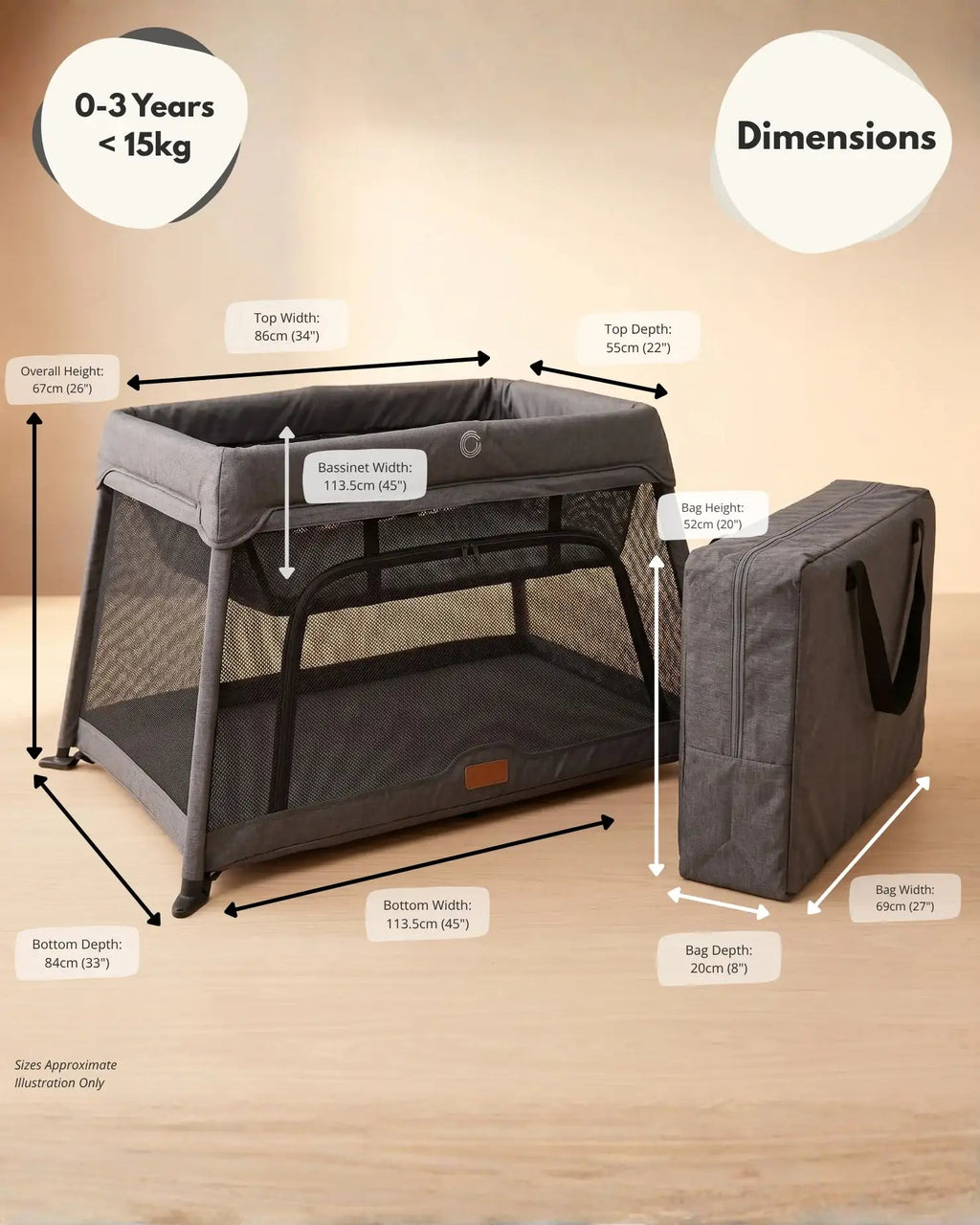 Airpod 3 Travel Cot Includes Newborn Bassinet Insert - Dark Grey