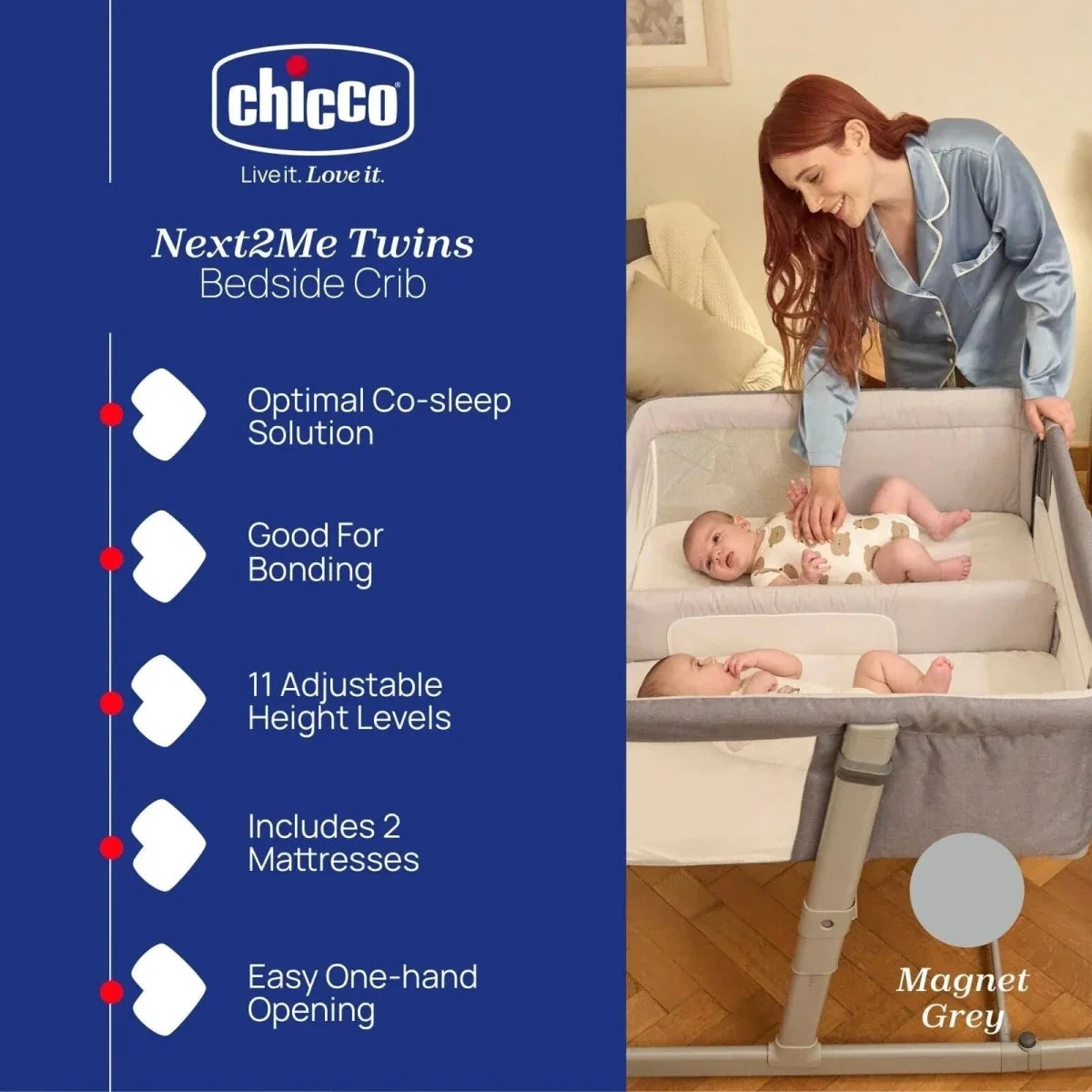 Chicco Next2Me Twins Crib - Magnet Grey