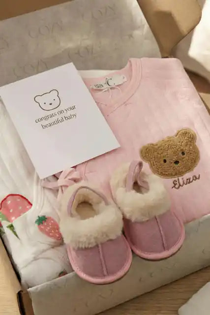The Cozy Pink Boucle Baby Bear & Strawberry Personalised Gift Box