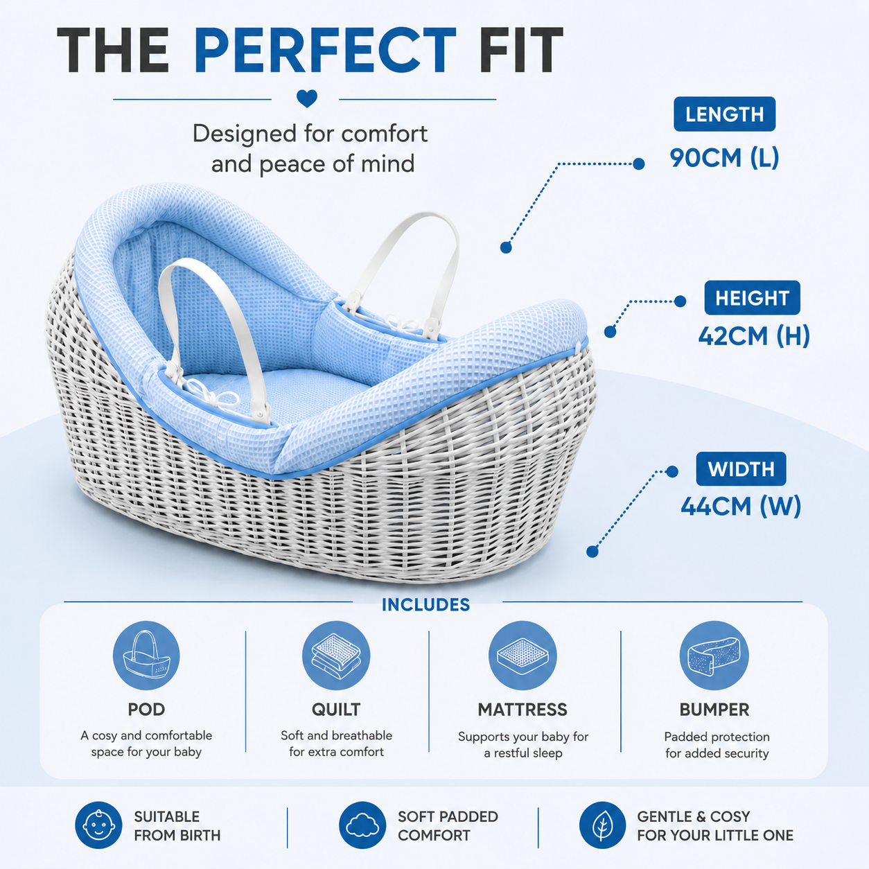 Wicker Deluxe Pod Baby Moses Basket With Stand