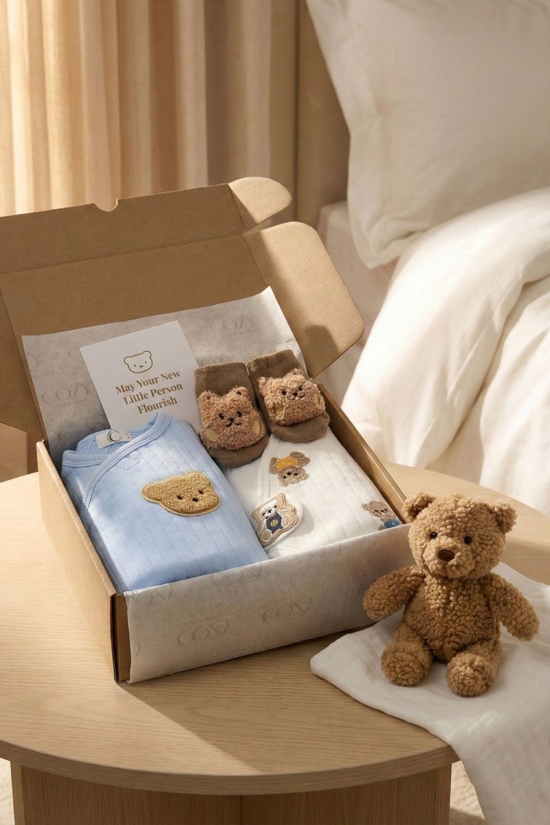 The Cozy Blue Boucle Baby Bear & Charming Bear Personalised Gift Box