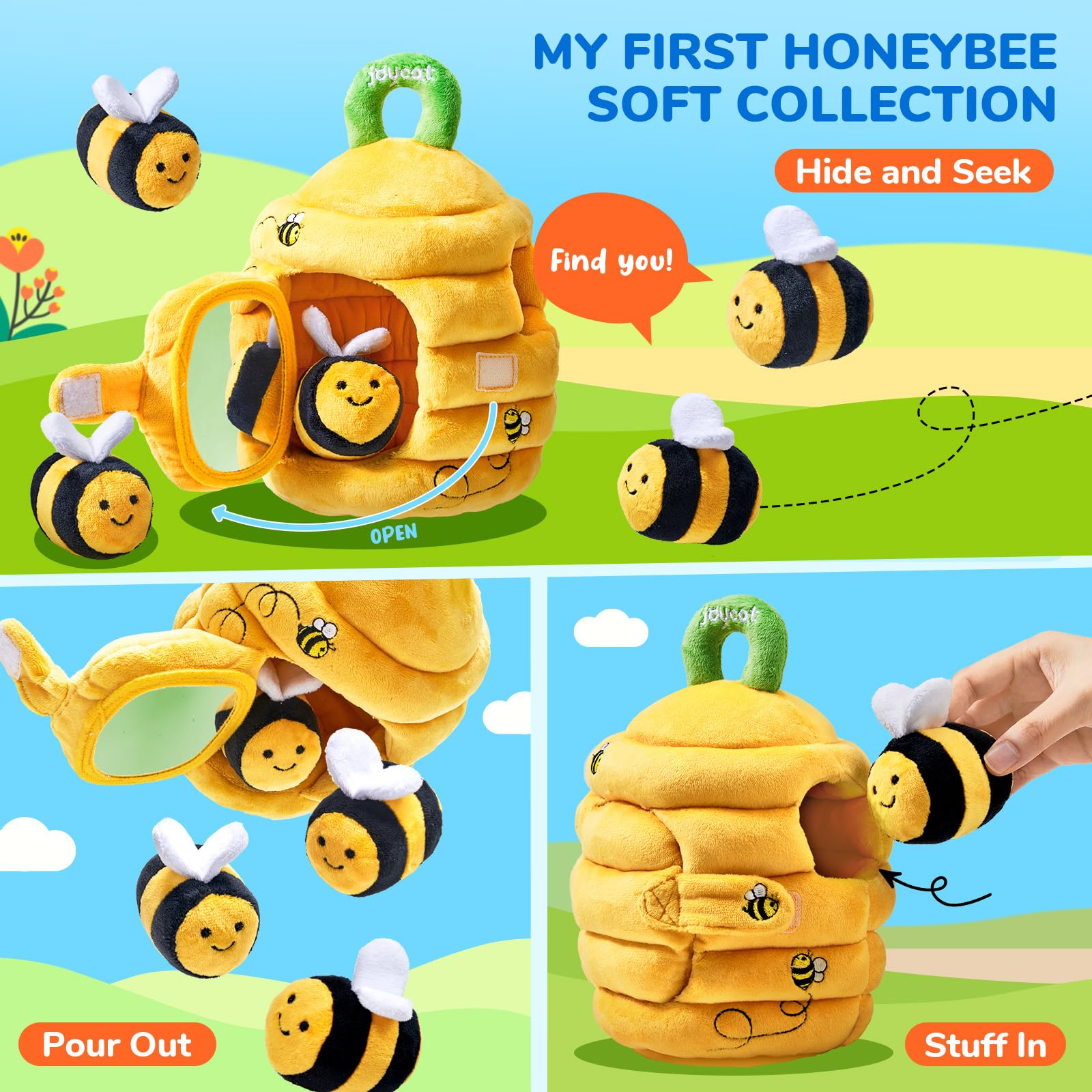 JoyCat Baby Toys 6-12 Months – Soft Beehive with 5 Sensory Bees | Montessori Rattle & Mirror