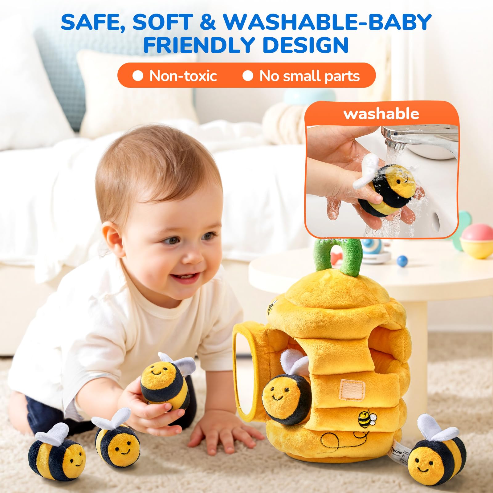 JoyCat Baby Toys 6-12 Months – Soft Beehive with 5 Sensory Bees | Montessori Rattle & Mirror