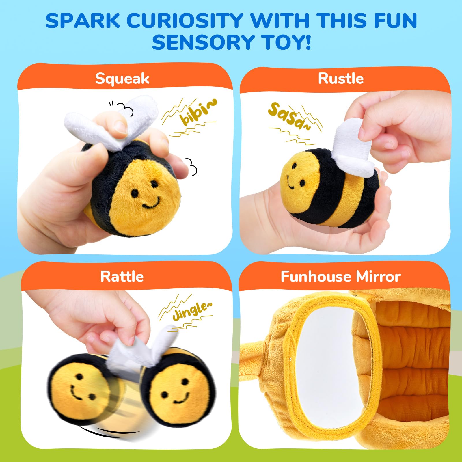 JoyCat Baby Toys 6-12 Months – Soft Beehive with 5 Sensory Bees | Montessori Rattle & Mirror