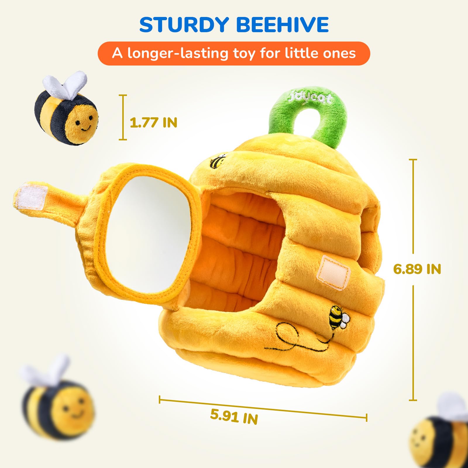 JoyCat Baby Toys 6-12 Months – Soft Beehive with 5 Sensory Bees | Montessori Rattle & Mirror
