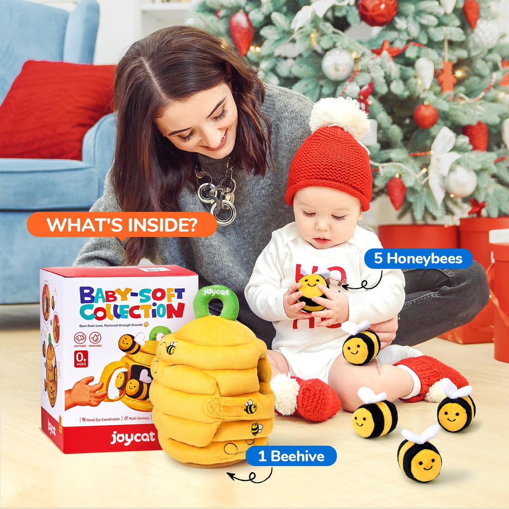 JoyCat Baby Toys 6-12 Months – Soft Beehive with 5 Sensory Bees | Montessori Rattle & Mirror