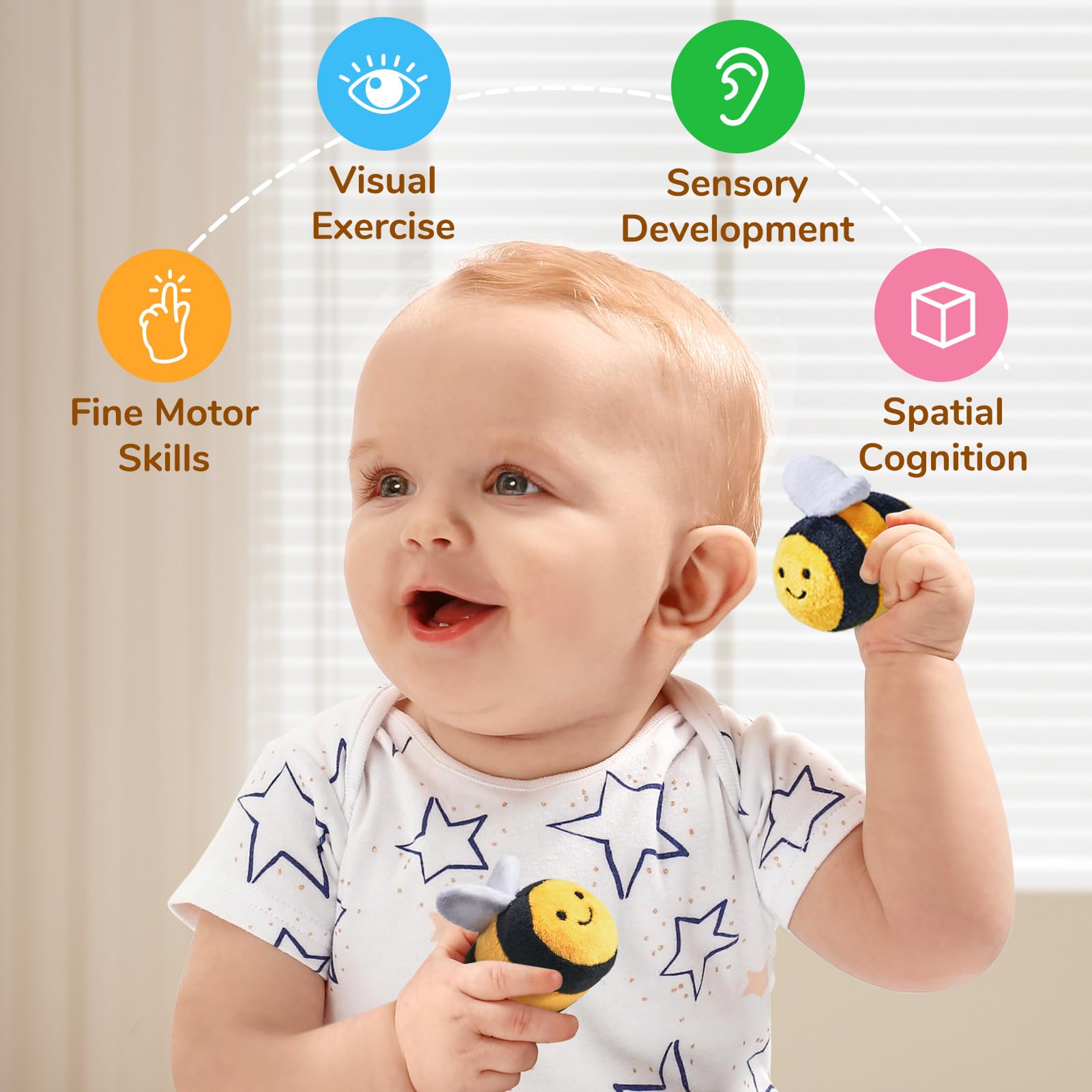 JoyCat Baby Toys 6-12 Months – Soft Beehive with 5 Sensory Bees | Montessori Rattle & Mirror